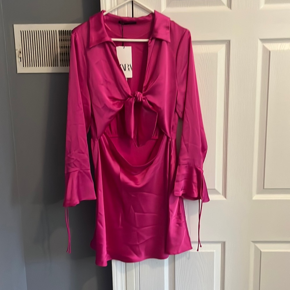 Zara Hot Pink Dress! Size XL bow tie front